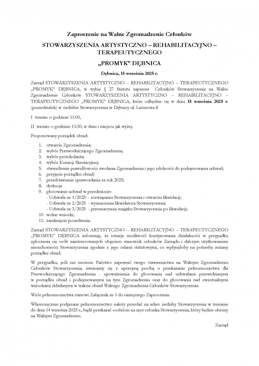 Zaproszenie na Walne Zgromadzenie Członków